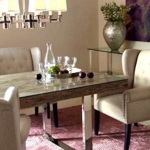 dinning table with a nice center piece laid out